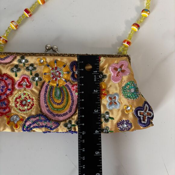Vintage Beaded Embroidered Handbag Purse Fancy Party Elegant Yellow Floral - Picture 4 of 6